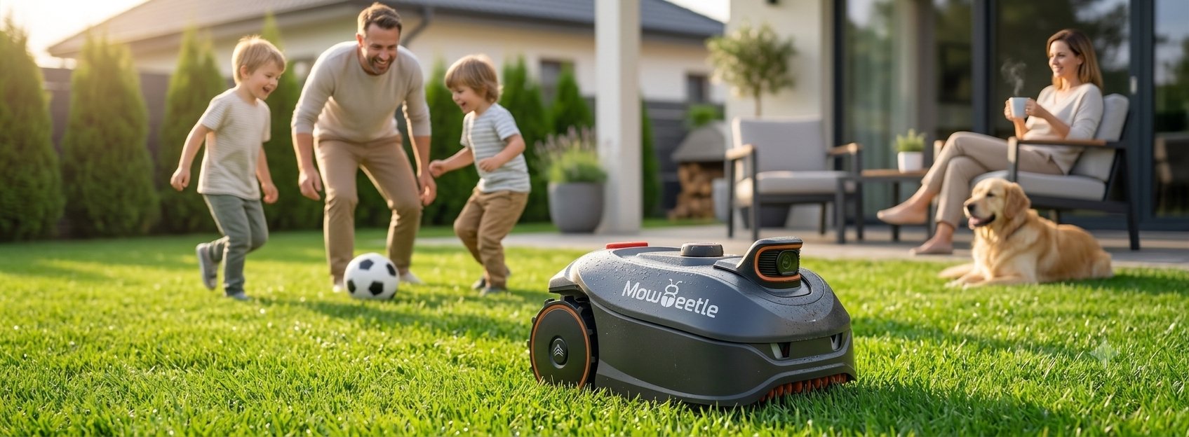 Family playing soccer on a sunny lawn while the MowBeetle mower works nearby