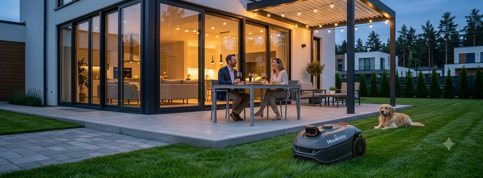 Couple dining on a patio at dusk while the MowBeetle mower quietly tends the lawn
