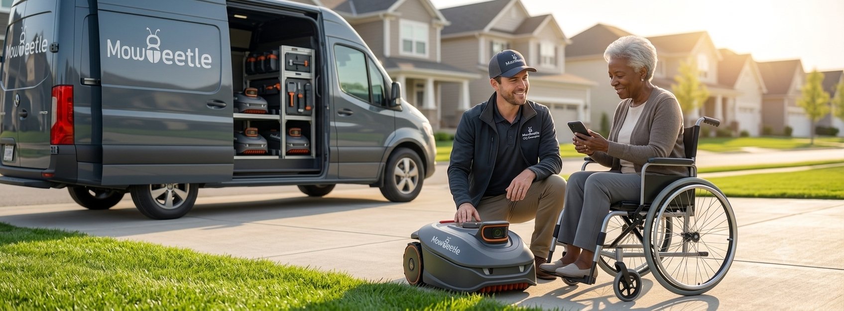 MowBeetle service van and technician assisting a customer with her mower