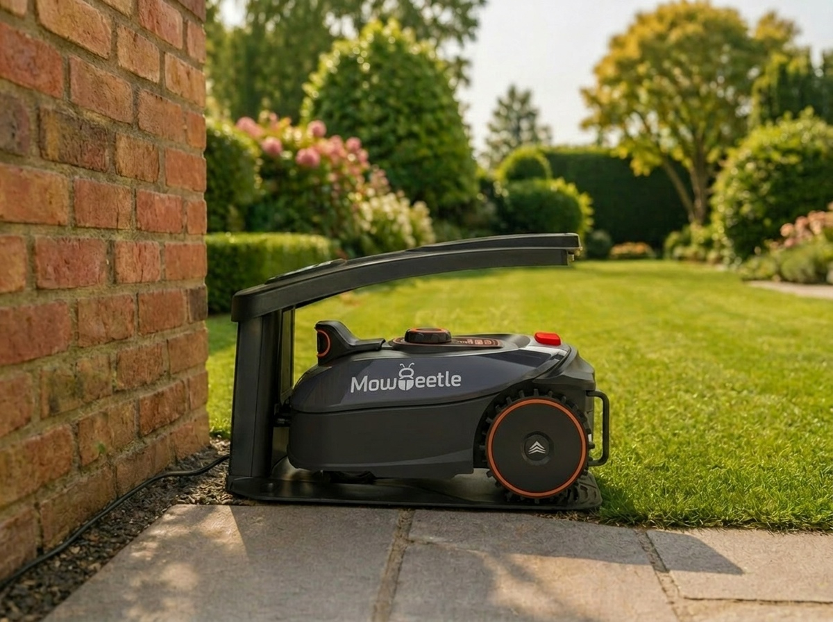 MowBeetle at its charging dock