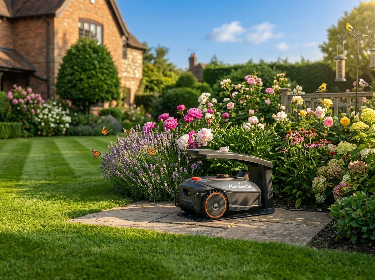 MowBeetle charging beside blooming flower beds on a sunny Canadian lawn