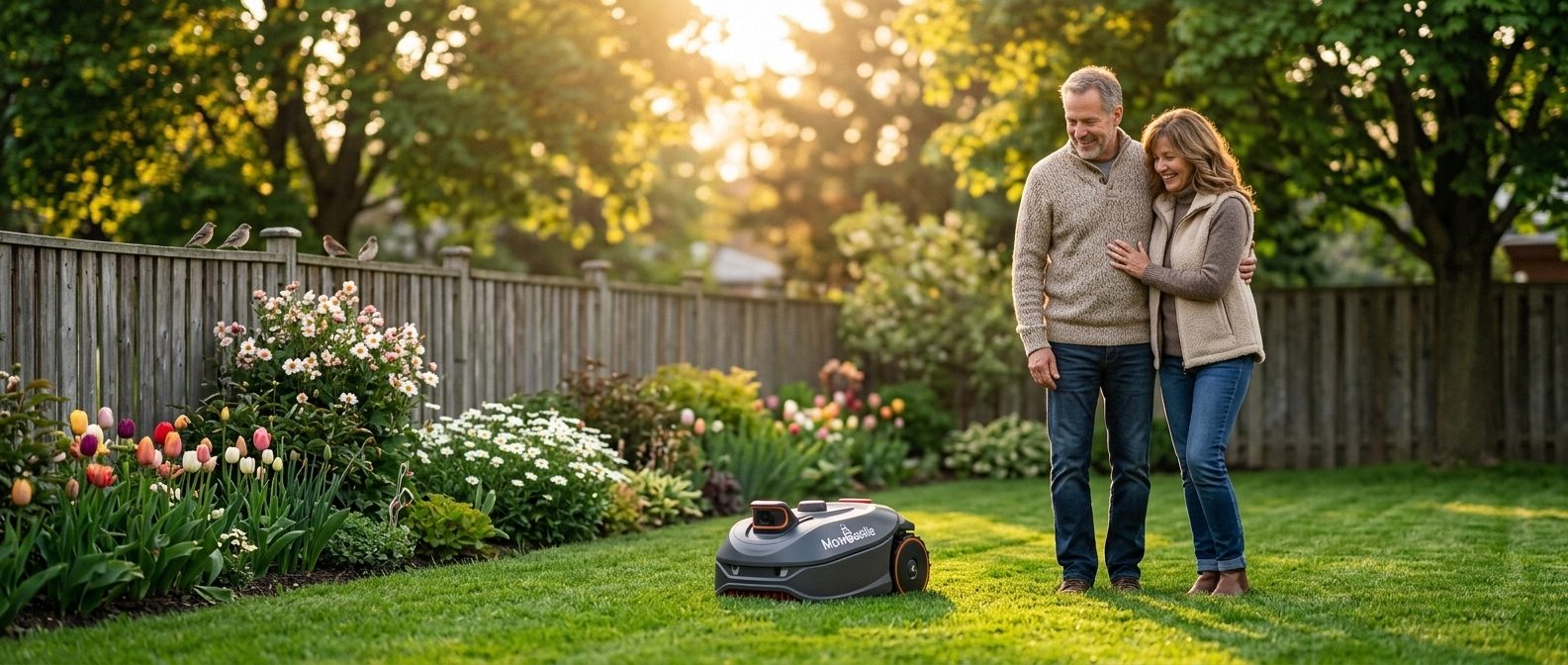 A couple watching their MowBeetle mow a sunny flower-lined lawn